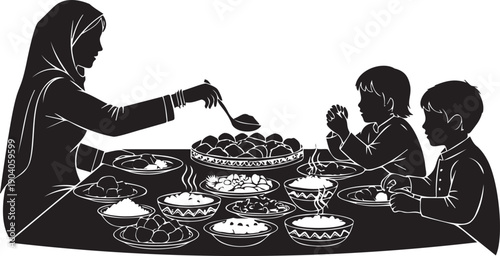 Muslim family enjoying traditional meal together during holiday dinner gathering mother serving food to children silhouette art