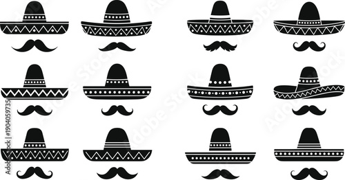 Black and White Vector Illustration Set of Twelve Mexican Sombrero Hats with Different Mustaches for Cinco de Mayo Fiesta Celebration and Cultural Graphic Design Projects