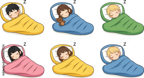 Collection of cute diverse children sleeping in colorful sleeping bags featuring boys and girls with pillows and teddy bear in flat cartoon vector style.