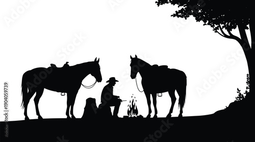 Cowboy camping with two horses by campfire under tree, western outdoor adventure vector illustration, silhouette scene of nature and countryside life