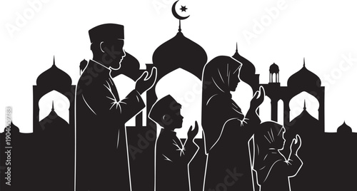 Muslim family praying together in front of mosque, father, mother, and children, silhouetted in black and white against transparent background.