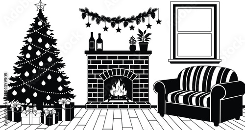 Cozy Christmas living room silhouette, decorated tree fireplace sofa and gifts, black and white flat vector illustration for holiday home interior design