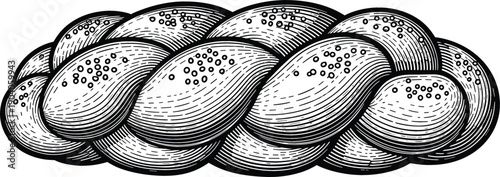 Traditional braided Challah bread hand drawn woodcut illustration for artisanal bakery and Jewish holiday food concept vector