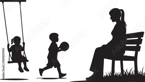 Silhouette of a mother watching her children play with a ball and on a swing in a park outdoor setting