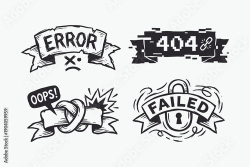 Hand drawn error badges set, including 404 page, failed, oops, and computer error symbols.