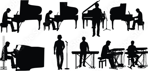 Black and White Vector Silhouette Illustration Set of Professional Musicians Playing Grand Piano Keyboard and Singing for Music Performance Concert Entertainment and Creative Arts Branding