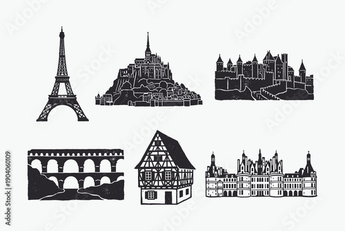 Iconic French Travel Symbols Collection: Linocut Silhouettes of Famous Monuments.