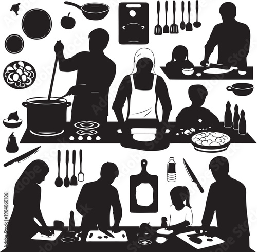 Diverse group of people cooking various dishes in a busy kitchen environment with an array of cooking tools