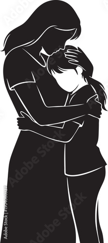 Mother hugging daughter in tender embrace silhouette showing love and affection between parent and child with protective gesture