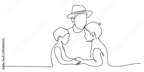 Single line drawing of a father wearing a hat with his two children holding hands together. Vector, illustration