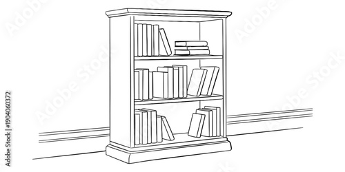 A simple hand drawn sketch of a wooden bookshelf with three shelves filled with books. Vector, illustration