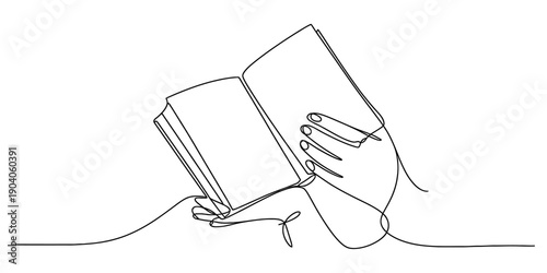 A continuous line drawing of hands holding an open book on a white background. Vector, illustration