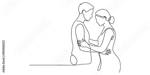 Minimalist line art illustration of a romantic couple in a gentle and loving embrace.
