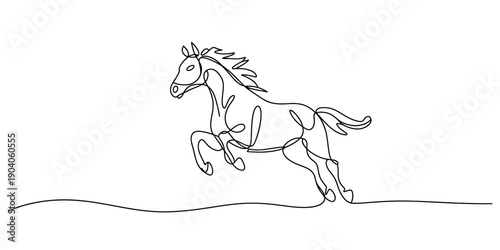 Minimalist continuous line drawing of a powerful horse galloping across a white background.