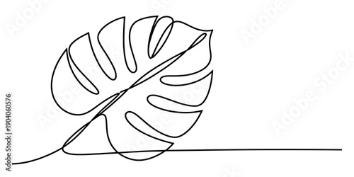 Minimalist continuous line drawing of a tropical monstera deliciosa leaf on a white background.