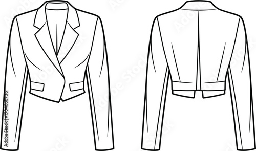 Cropped blazer front and back view, fashion jacket sketch, tailored garment design, vector template, cad drawing flat vector illustration
