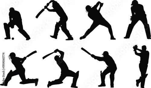 Cricket player silhouettes vector illustration, batsman in action poses, professional sports concept, cricket match artwork, training, competition, championship, athletic movement graphic design