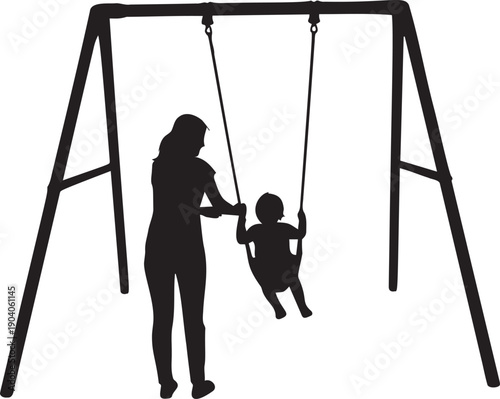 Woman pushing child on swing silhouette outdoor playground scene captured during sunset in public park area with clear background