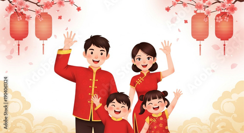 Chinese New Year Happy Family Greeting Illustration with Traditional Red Outfit for Greeting Card, Poster, Banner, and Holiday Promotion