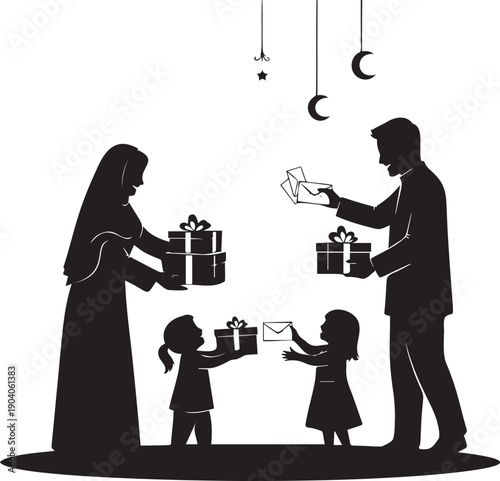 Muslim family exchanging gifts during eid celebration happy parents and children with presents and envelopes