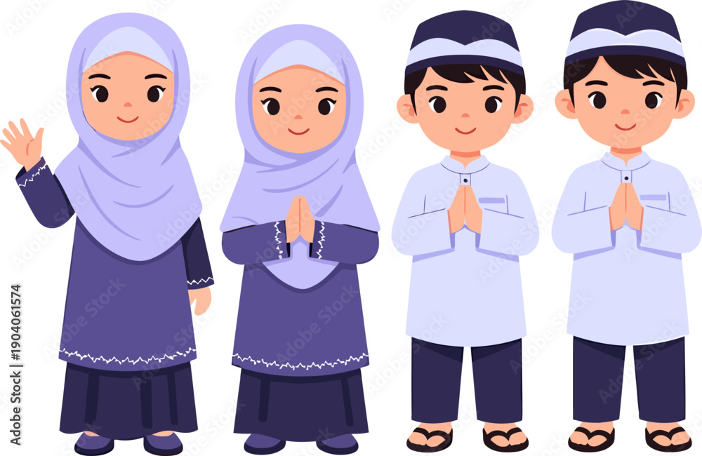Fototapeta premium Muslim children praying together in traditional clothing.