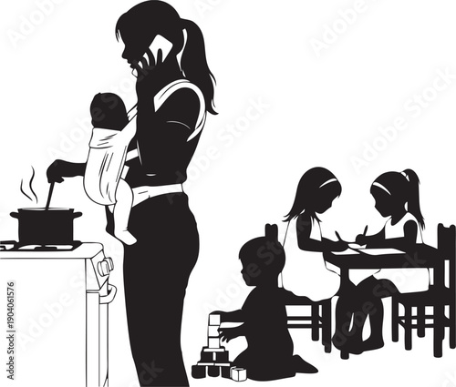 Busy mom cooks while holding baby, talking on phone, two girls draw, and toddler plays with blocks on floor