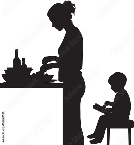 Mother cuts fruit on kitchen counter, boy reads book sitting on stool, healthy lifestyle at home
