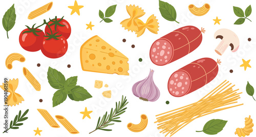 CAD Drawing Flat Vector Illustration of Italian Cuisine Ingredients with Pasta, Cheese, Sausage, Tomatoes, Garlic, Mushrooms, Basil, Rosemary, Culinary Food Design Concept Artwork