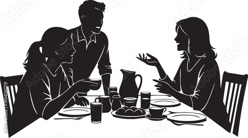 Family eating dinner together at table, conversation and dining, enjoying meal and company