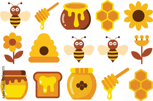 A flat, cartoon-style illustration of honey and bee-related icons arranged in two rows.