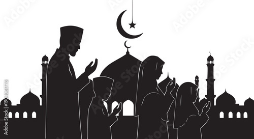 Muslim family silhouette praying in front of mosque architecture with crescent moon and star symbols during holy night ramadan