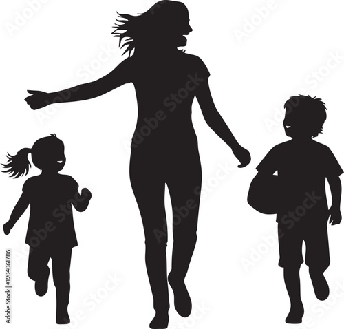 Active mother silhouette running and playing outdoors with two happy children at park during summer vacation family fun time