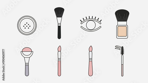 Flat lay illustration of various makeup accessories and beauty products.