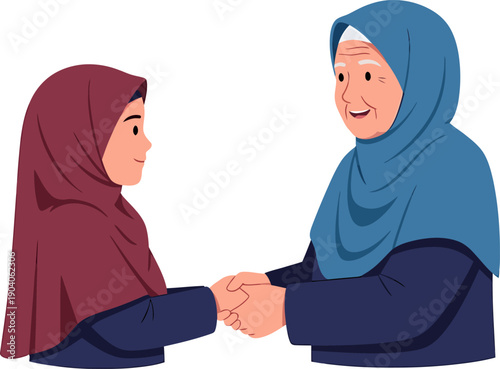 Muslim women shaking hands respect and solidarity ramadan kareem.