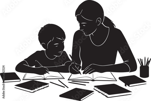 Mother helping child with homework at table, writing and studying together in focused atmosphere with books and pencils