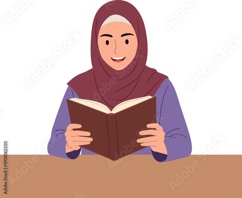 Muslim woman reading book hijab education female learning ramadan kareem.