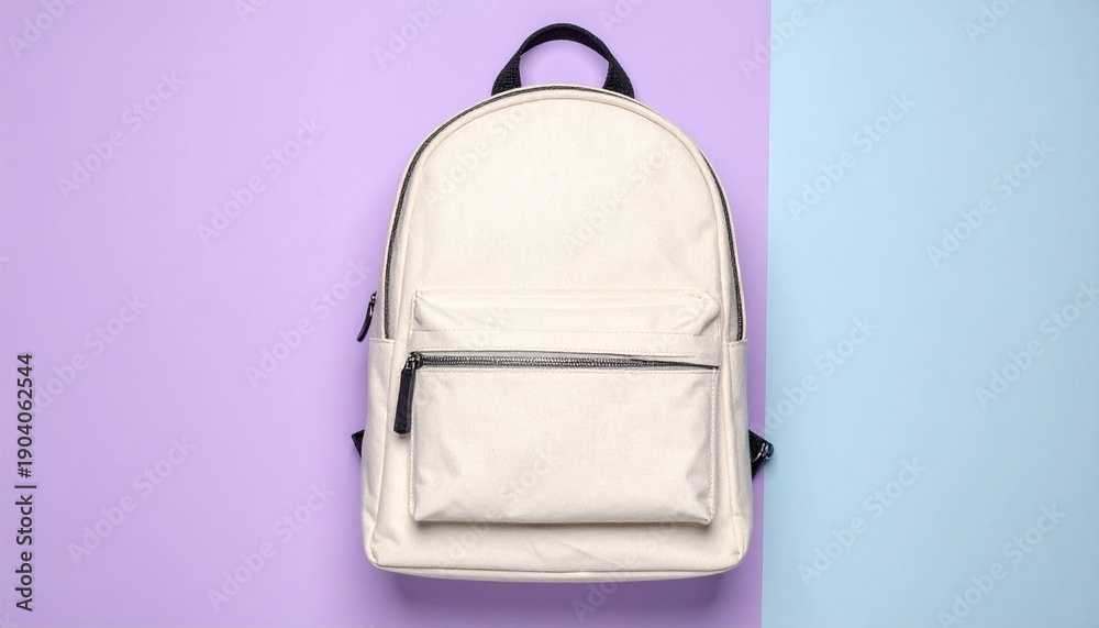 Fototapeta premium White minimalist backpack with a front pocket, centered on a split background of purple and light blue.