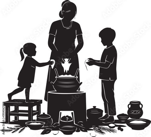 Woman and children cooking outdoors over open fire, teaching traditional recipes and family bonding