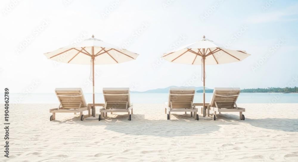 Fototapeta premium Beach scene with wooden lounge chairs, sun umbrellas, and ocean background