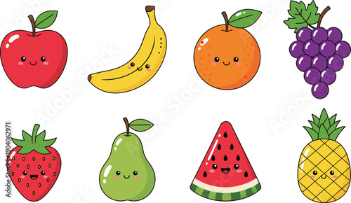 Cute cartoon fruits with smiling faces, colorful vector illustration for kids, healthy food characters, isolated on white background for design
