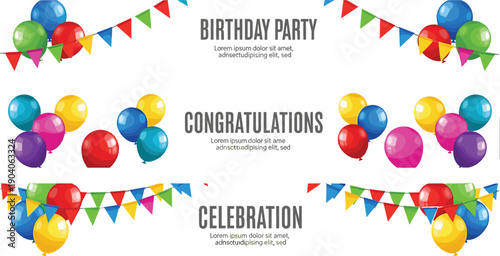 CAD Drawing Flat Vector Illustration of Festive Celebration Templates with Balloons and Pennant Banners, Birthday Party, Congratulations, Holiday Event Greeting Design Concept
