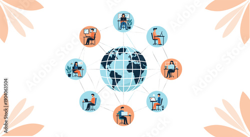 CAD Drawing Flat Vector Illustration of Global Remote Work Collaboration Network with Globe, Connected People Icons, Computers, Digital Communication, Virtual Teamwork Concept Design