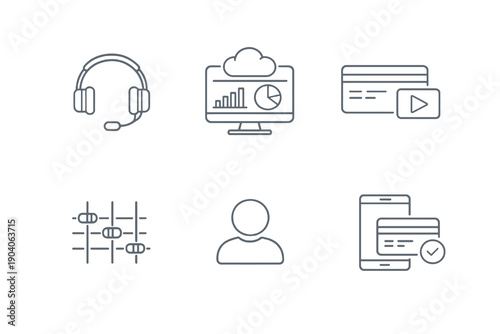 Set of six digital service icons in line style. Editable stroke vector collection designed for UI, web apps, online platforms and modern digital products.