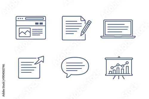 Blogging line icon set with six editable stroke vector symbols. Clean outline style for blogs, content platforms, dashboards and digital publishing interfaces.