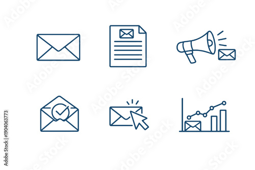 Set of six email marketing icons in line style. Editable stroke vector collection designed for UI, newsletters, automation tools and online promotion.