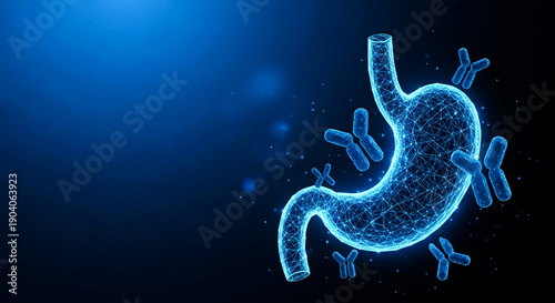 Digital illustration of a glowing blue stomach structure interacting with abstract chromosome or antibody shapes