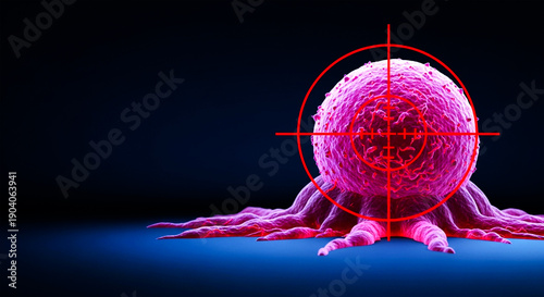 Targeted therapy concept shows a malignant cancerous cell under focused red crosshair scope