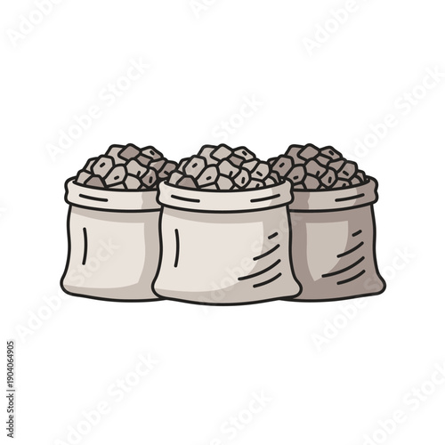Hand-Drawn Illustration of Three Sacks Full of Stones and Gravel. Isolated Cartoon Bags of Aggregate, Crushed Stone, or Mining Ore Icon.