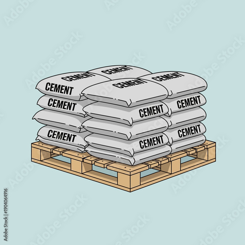 Stacked Cement Bags on Wooden Pallet. Hand-Drawn Illustration of Industrial Building Materials, Powder Supply, and Construction Process.