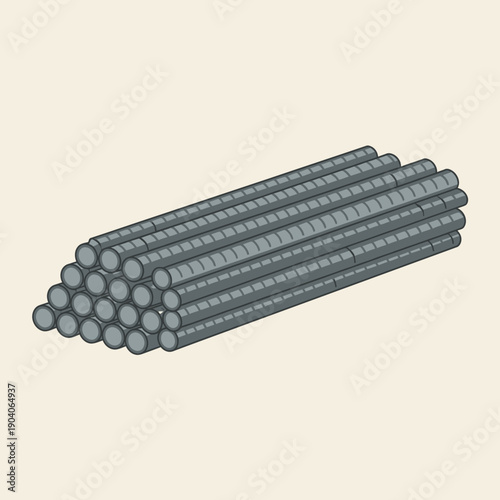 Stacked Rebar Illustration: Steel Reinforcement Bars for Concrete Construction and Industrial Building Materials